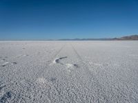 a big white desert with tracks in the sand and mountains in the background, with two footprints imprint on the ground