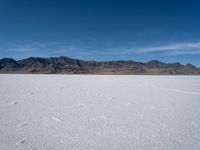 an image of snowboarders out on a flat surface in the desert near mountains