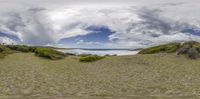 a picture of the beach near a grassy shore under a cloudy sky that looks like a panorama