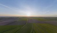 a sun is setting over an array of green fields with crops growing on the other side