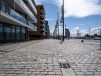 a cobbled sidewalk in a public setting with some tall buildings near by and a blue sky