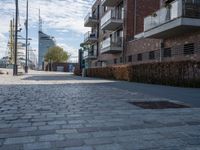 the paved street with buildings in the distance is lined with trees and bushes and two tall brick walles