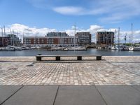 a stone bench on the ground near a body of water with buildings in the background