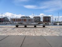 a stone bench on the ground near a body of water with buildings in the background