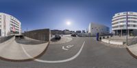 three photos of a street scene in an image made from spherical 360s and the sun in the sky