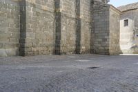 a stone area with a brick building and brick walkway in the background and light grey cobblestones