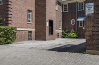 brick building next to green and white door and plant in front of sidewalk with brick path between buildings