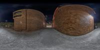 the 360 - view image shows three spherical angles of two buildings that look like they were made of bricks