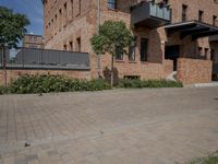 the street is lined with bricks near buildings and trees in front of it for people to walk