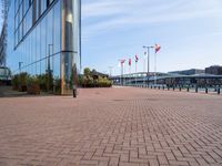 a brick pathway is seen along the water edge with flags and flags hanging on the buildings