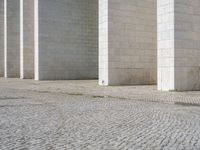 this is a photo of a brick street in front of a building that has columns and other things on the ground in front of it