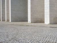 this is a photo of a brick street in front of a building that has columns and other things on the ground in front of it