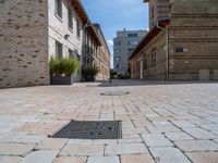 an empty street has bricks on the ground near buildings and a circle in the middle of the sidewalk