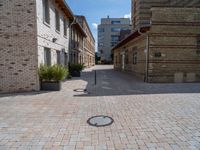 an empty street has bricks on the ground near buildings and a circle in the middle of the sidewalk