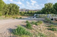 a bridge that crosses over some dirt road by the woods and grass of some bushes and flowers