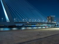 the night view of a bridge and some lights in the background with a large city skyline