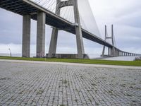 the view of a very large bridge spanning across the water from an area of empty green grass