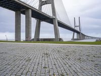 the view of a very large bridge spanning across the water from an area of empty green grass