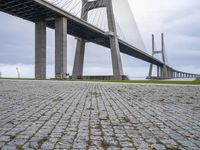 the view of a very large bridge spanning across the water from an area of empty green grass