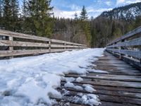 a wooden bridge with snow on top and pine trees on the side of it in the background