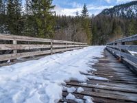 a wooden bridge with snow on top and pine trees on the side of it in the background