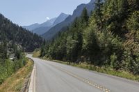 a road that has trees on both sides with a mountain in the background with mountains in the middle with green grass around the roadside