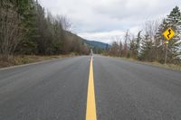 a long stretch of road with yellow markings on it next to a line of trees