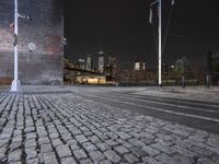 night view of brooklyn, new york skyline with street lights and brick sidewalk and steps