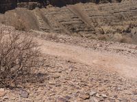 a person riding on a dirt road by a desert area near mountains and rocks and shrubs