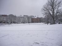 the view from outside of a park showing the city and buildings in the distance covered in snow