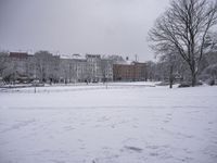 the view from outside of a park showing the city and buildings in the distance covered in snow