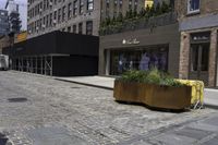 a man stands near a street with two plants in a bronze vase on the ground