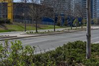 a bus stop on a city street next to a row of bushes and bushes at one end of the road