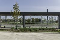 a bus stop with many windows in the background on a sunny day, it appears to be in a public transit area