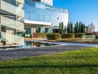 an open courtyard area has green grass, trees, and buildings on the other side