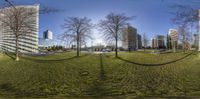 a field with lots of grass and buildings in the background in a fish eye lens