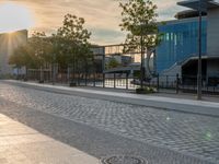 a street with trees, water, building and pavement in the background is a manhole with no name