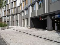 empty paved street near large tall modern building with glass windows on top of windows, near stone curb with plants, outside sidewalk in foreground