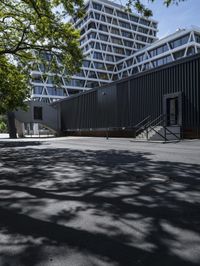 black building with stairs leading to two sides, in shade from some tree limbs and bushes