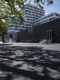 black building with stairs leading to two sides, in shade from some tree limbs and bushes