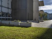 a concrete flowerbed in the grass between two buildings on the same building, with grass beside