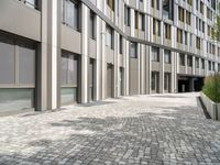 a sidewalk with planters on both sides near tall buildings on one side and glass windows on the other