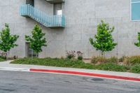 a parking meter in front of a building on the corner of an intersection with a tree and grass