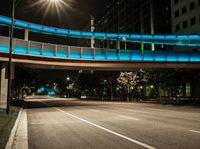 the illuminated walkway leads to an elevated walkway over an empty street at night with cars on it