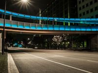 the illuminated walkway leads to an elevated walkway over an empty street at night with cars on it