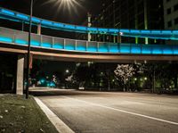 the illuminated walkway leads to an elevated walkway over an empty street at night with cars on it