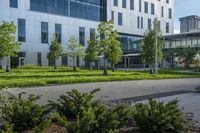 a city street surrounded by grass and tall buildings at the end of a street there is a paved pathway in front of the building