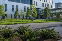 a city street surrounded by grass and tall buildings at the end of a street there is a paved pathway in front of the building