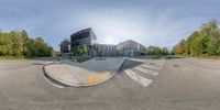 this street corner has a small circular lens image above it to show the full view of the building with a nice, contemporary look