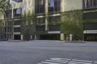 the building is covered with green plants and ivys across from it, and next to it a road